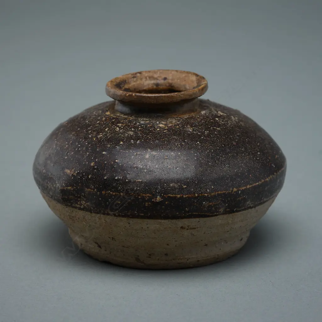 Sawankhalok stoneware greyish brown clay jar, c.15thC, ovoid body, H.62mm Image 1++
